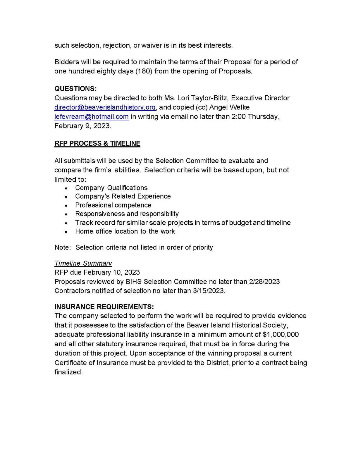 Scanned document page with sections on questions, proposal evaluation, timeline, and insurance requirements.