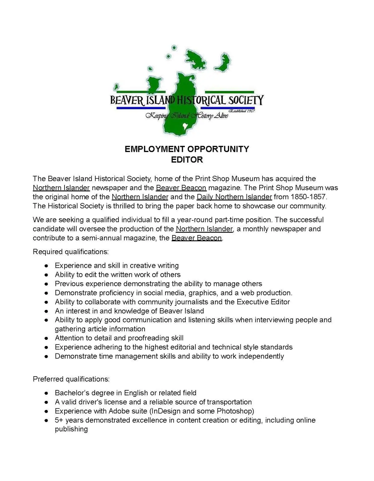 Employment opportunity flyer for an editor, with a green map-like logo and qualification lists.