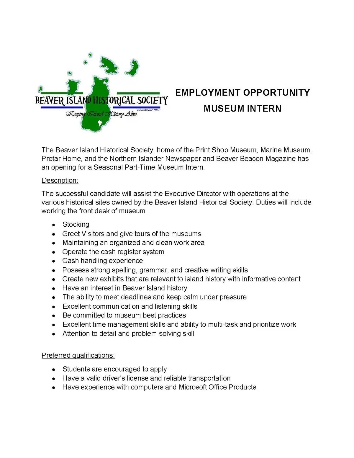 Employment flyer for a seasonal museum intern, with a green logo and lists of duties and qualifications.