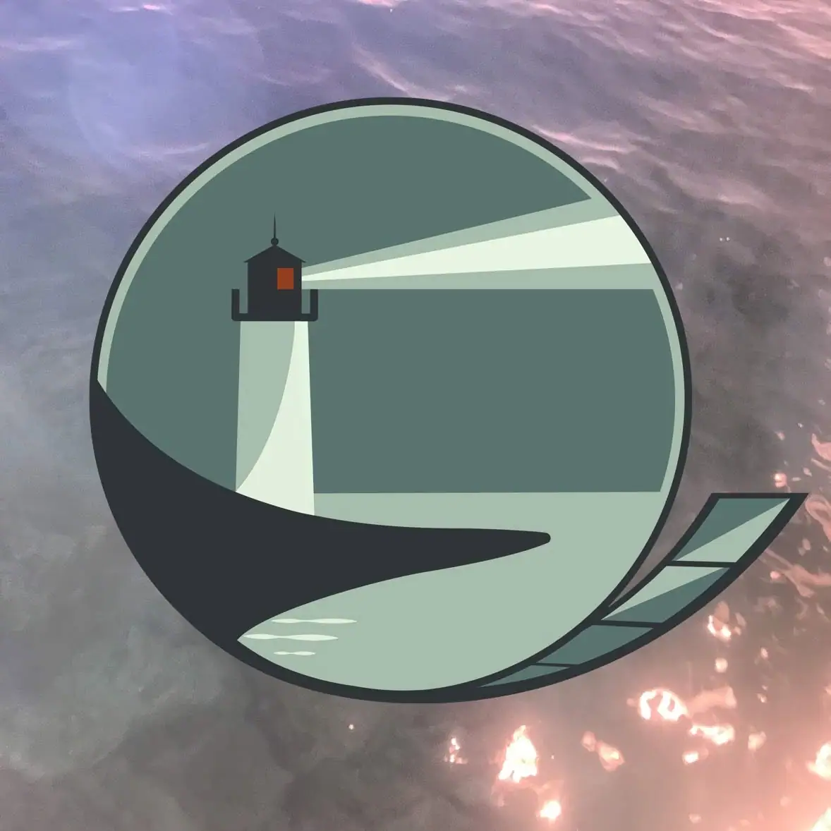 Circular illustrated logo showing a lighthouse with sweeping beams over a dark crescent and stylized leaves.