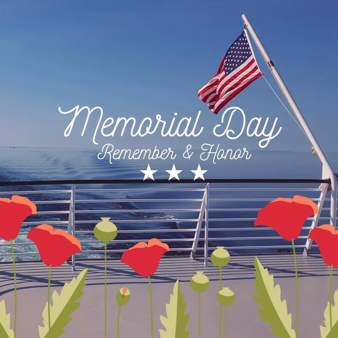 A flag flies above a boat deck, with memorial lettering and illustrated red flowers in the foreground.