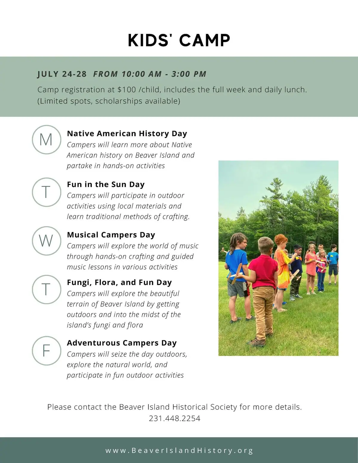A children's camp poster lists a five-day schedule beside a photograph of children outdoors.