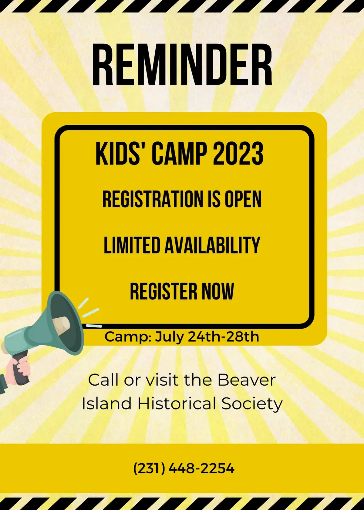 Promotional poster for a children's camp, featuring bold registration text and an illustrated green megaphone.