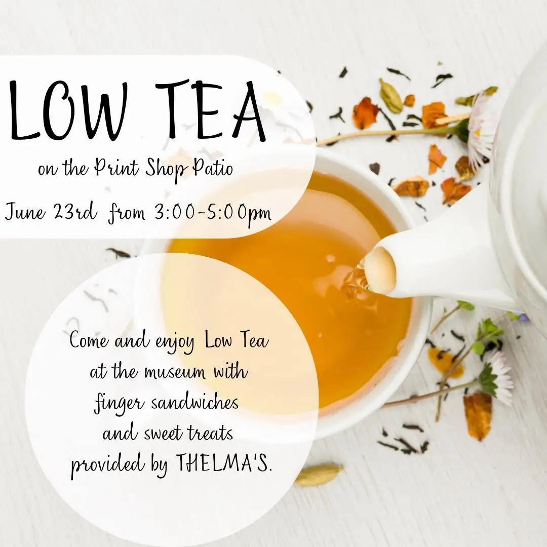 Promotional graphic with tea, a teapot, scattered botanicals, and event lettering.