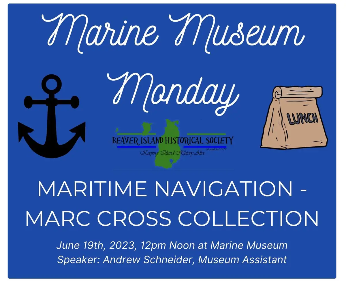 Blue illustrated event poster advertising a maritime navigation collection presentation at a marine museum.