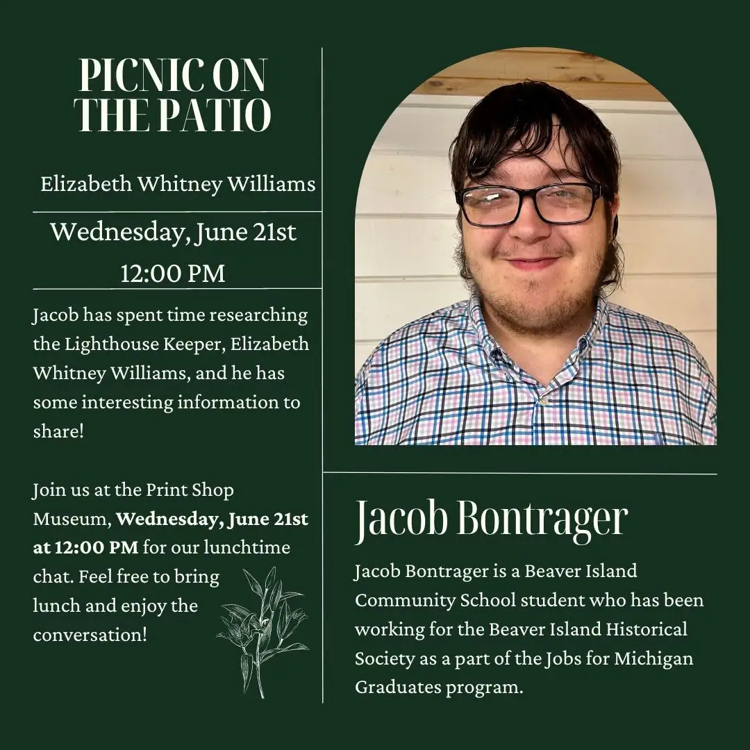 Event poster with printed invitation, botanical drawing, and portrait of a bespectacled person in a plaid shirt.