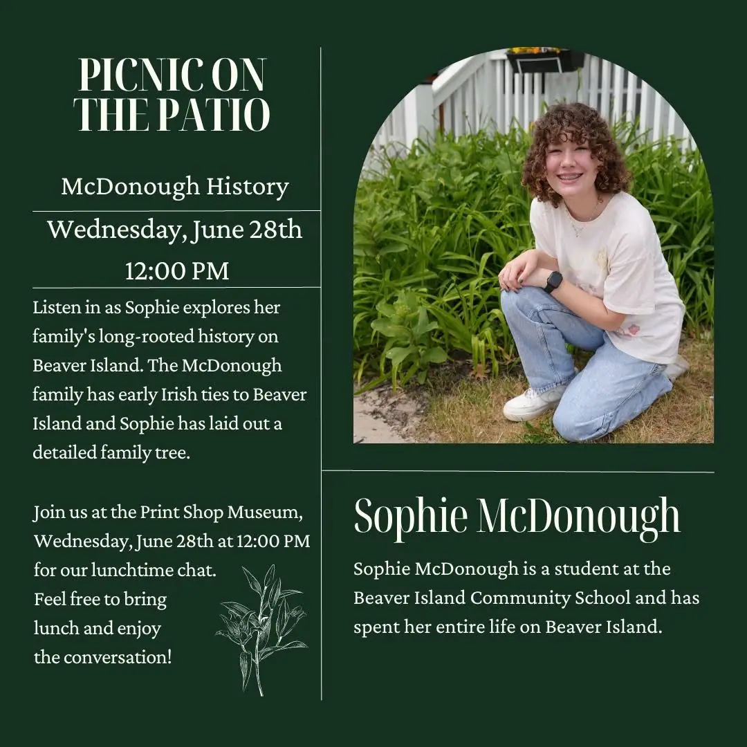 Event poster with a circular portrait of a smiling young person among plants and a botanical line drawing.