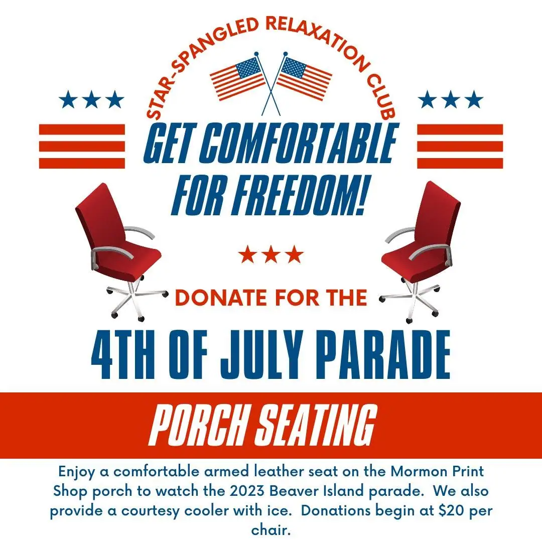Illustrated seating advertisement with crossed flags, stars, stripes, red chairs, and patriotic lettering.