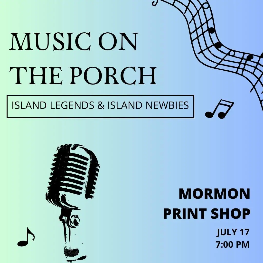 Illustrated event poster with musical notes, a vintage microphone, and announcements for an evening music program.