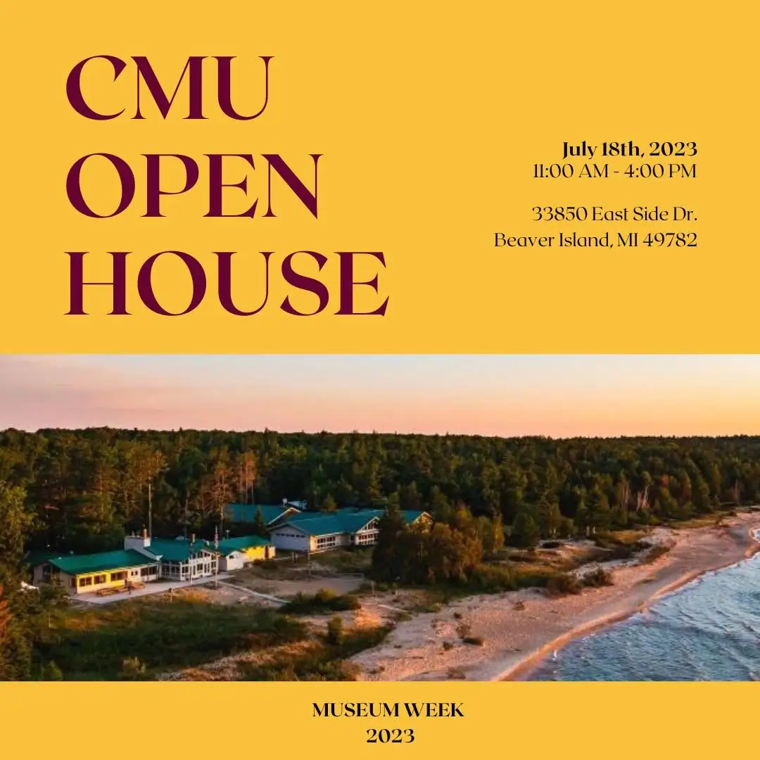 Promotional graphic with large lettering above an aerial photograph of buildings, forest, shoreline, and water.