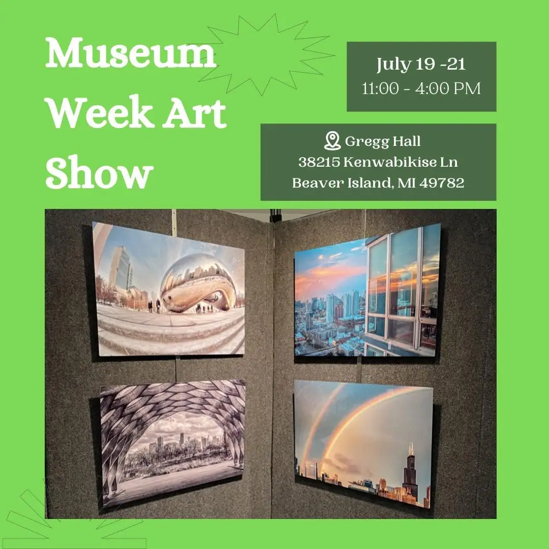 Green promotional poster showing four framed urban artworks and details for an art show.