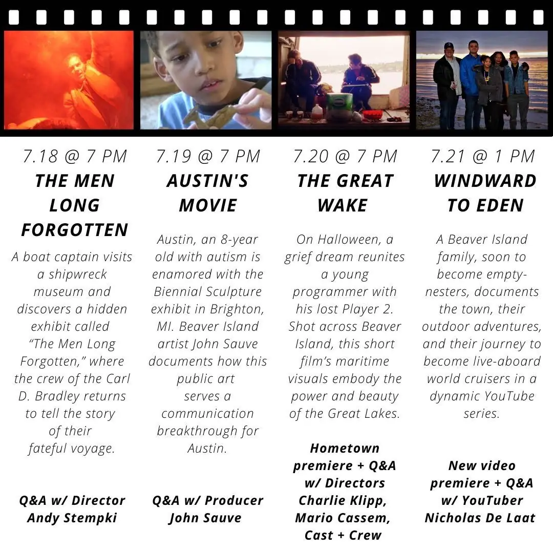 Promotional poster with four filmstrip images and text for four film screenings or premieres.