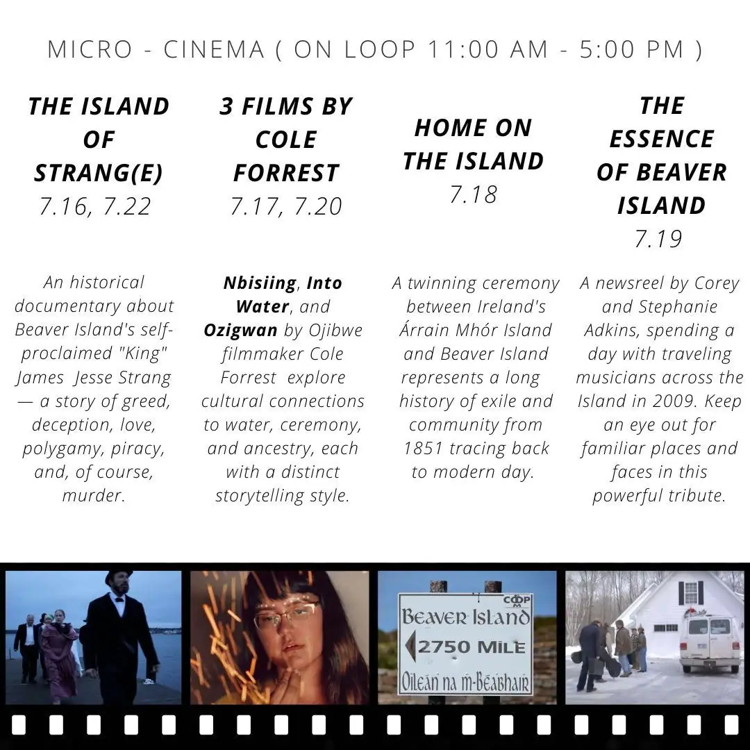 A film-program poster with four screening listings, descriptive text, and a strip of film stills along the bottom.