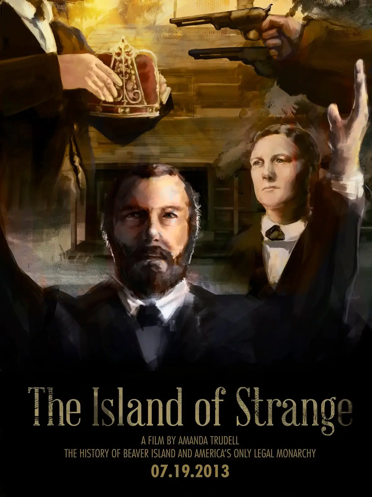 Illustrated film poster with three men, a crown, revolvers, and a historic building.