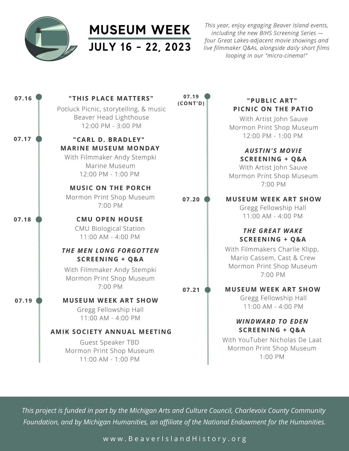 Event flyer with a lighthouse logo, a Museum Week schedule, and a funding statement.