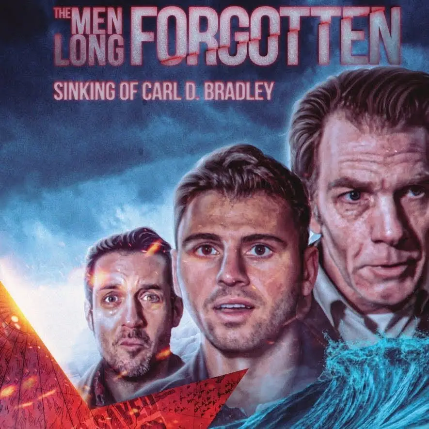 Illustrated cover showing three male faces above turbulent blue water and angular red-orange forms.