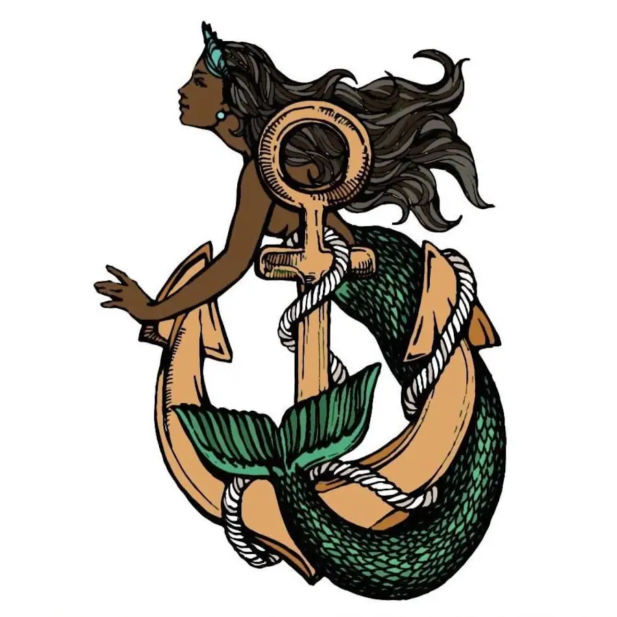 Stylized illustration of a dark-haired mermaid entwined with a large anchor and white rope.