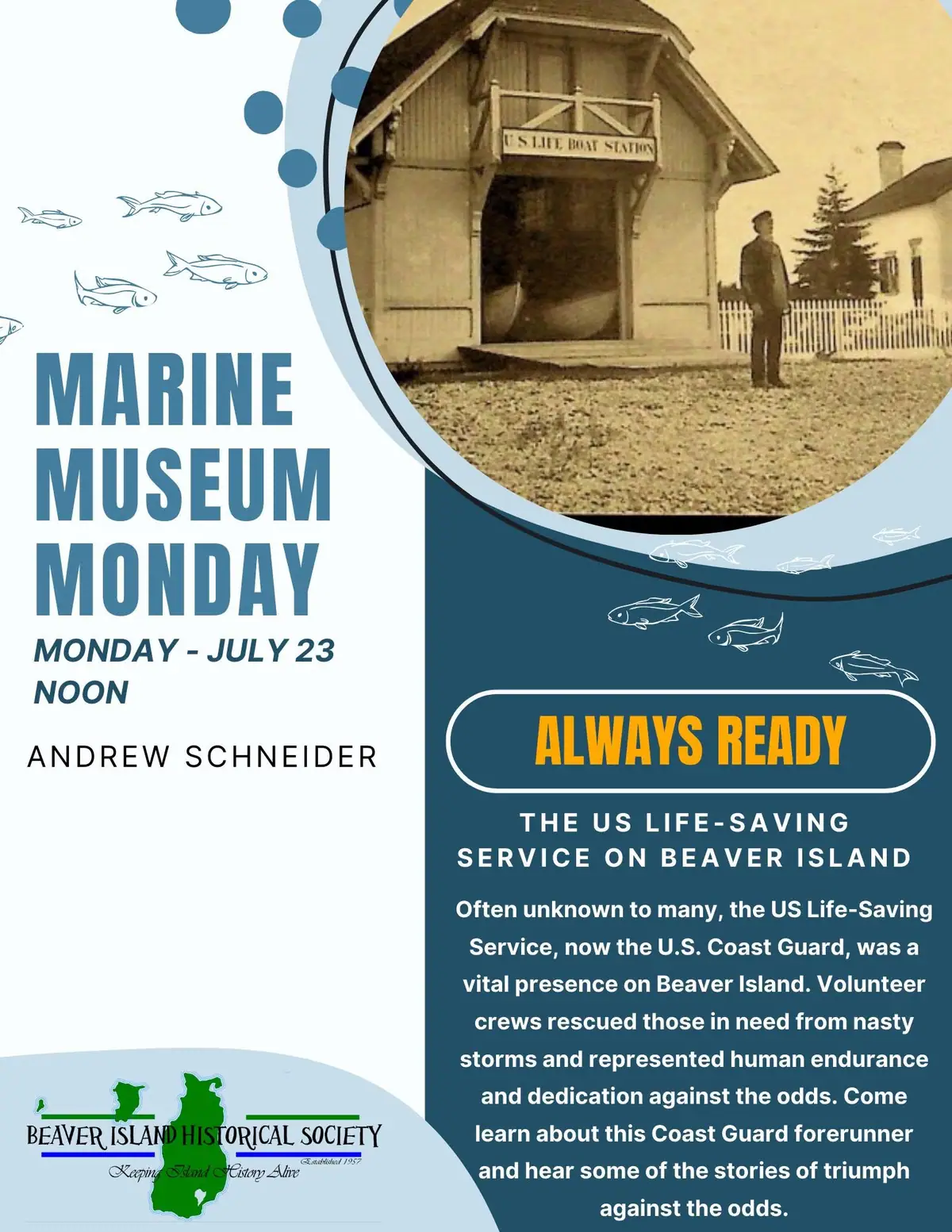 A marine museum event poster with a sepia photograph of a lifeboat station and a uniformed man.