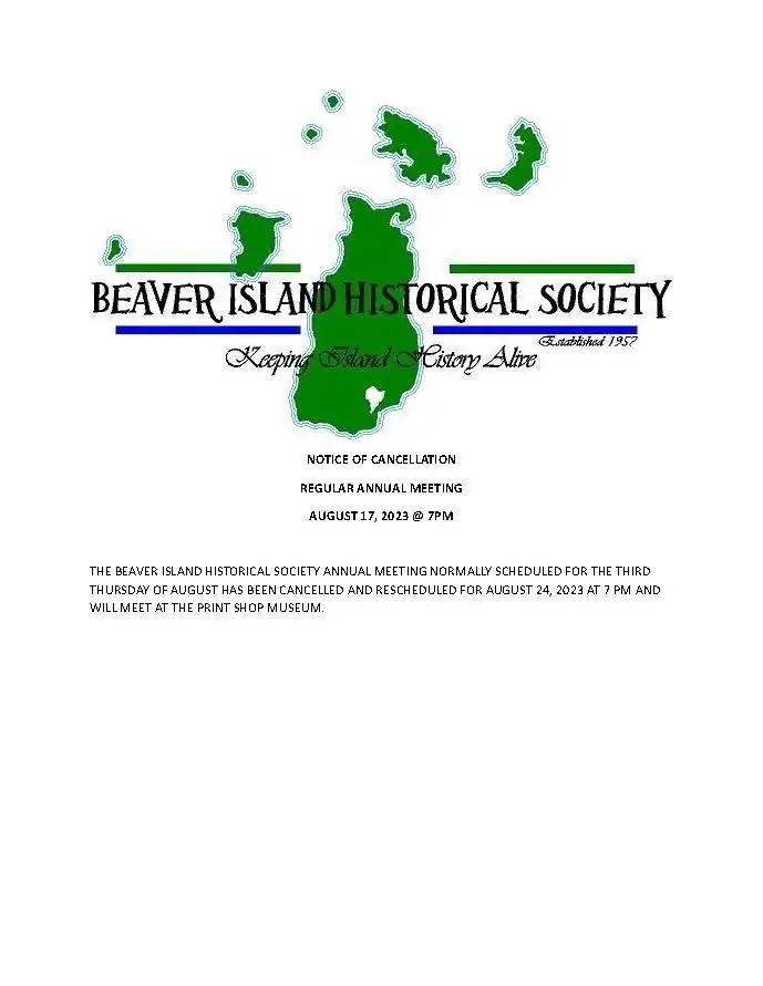 A printed cancellation notice with a green map graphic, organizational logo, and meeting rescheduling information.