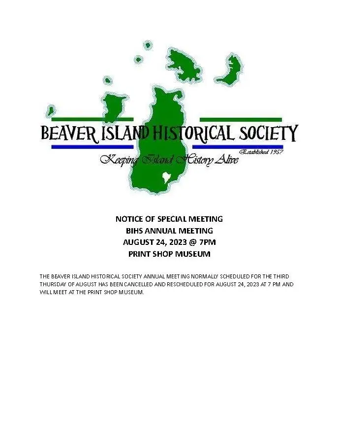 A white meeting notice with a green map-style logo and centered black text.