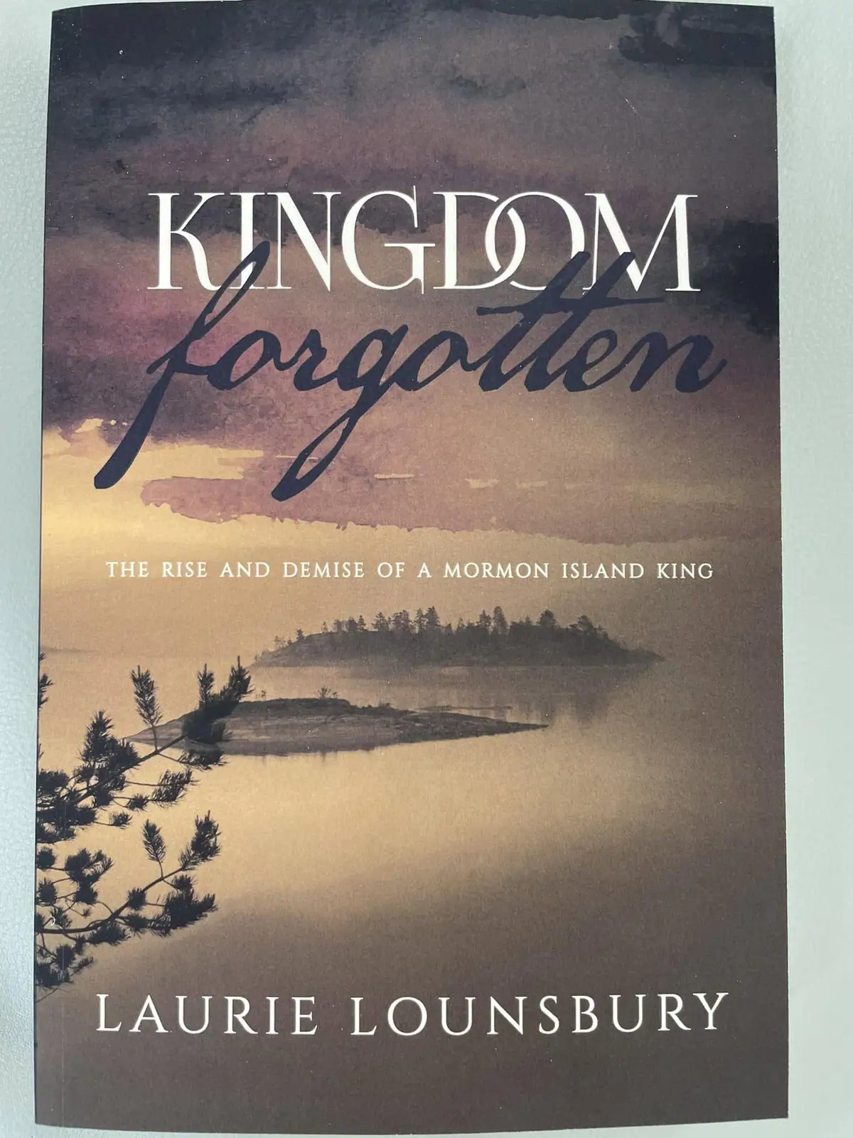 Photograph of a book cover with large white and script lettering over a misty wooded water scene.