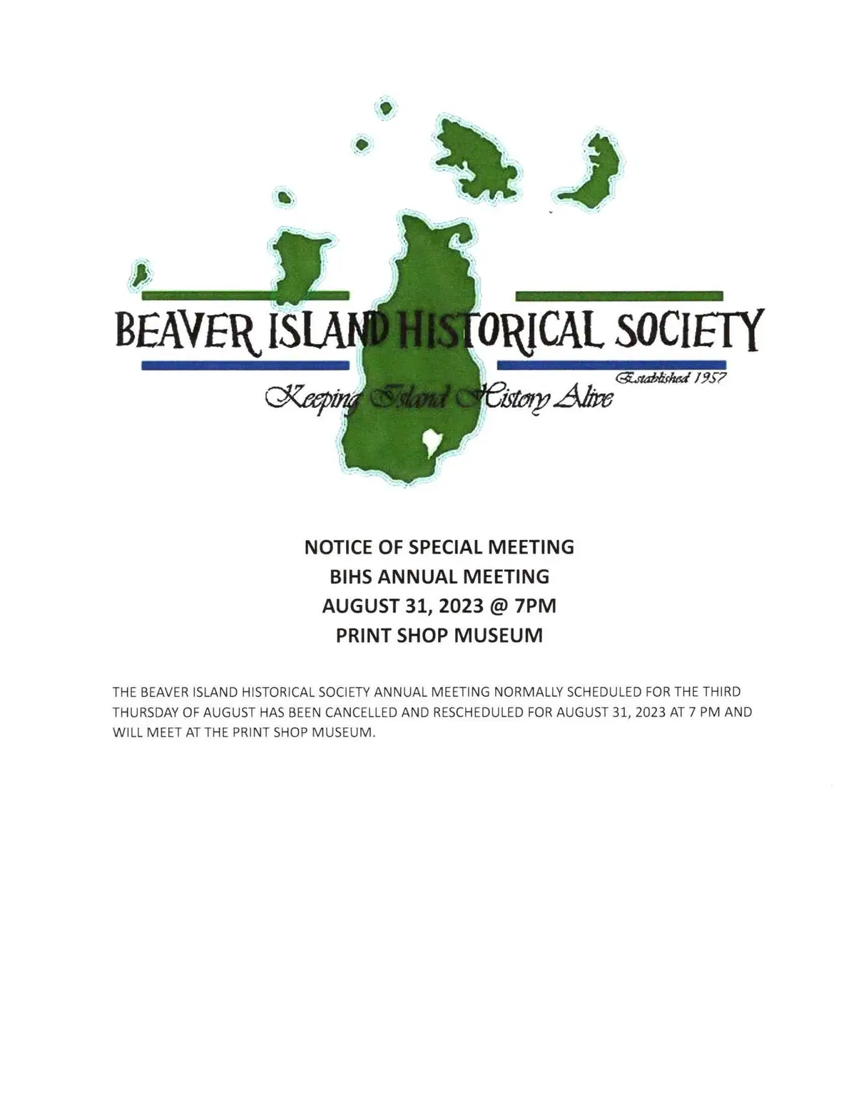A meeting notice with a green map logo and centered text announcing an annual meeting.