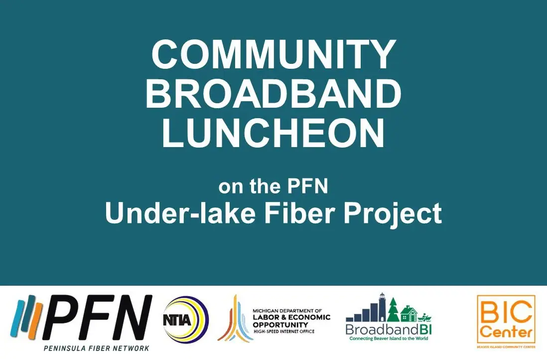 Graphic poster announcing a community broadband luncheon and an under-lake fiber project.