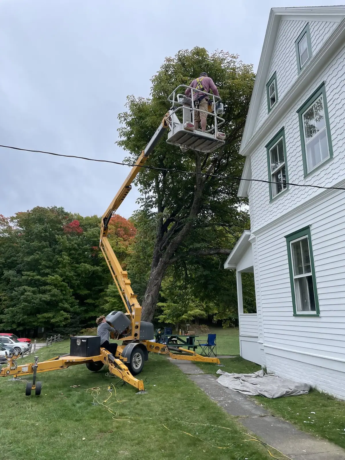 A worker in an elevated boom lift works beside a tree and a white house.