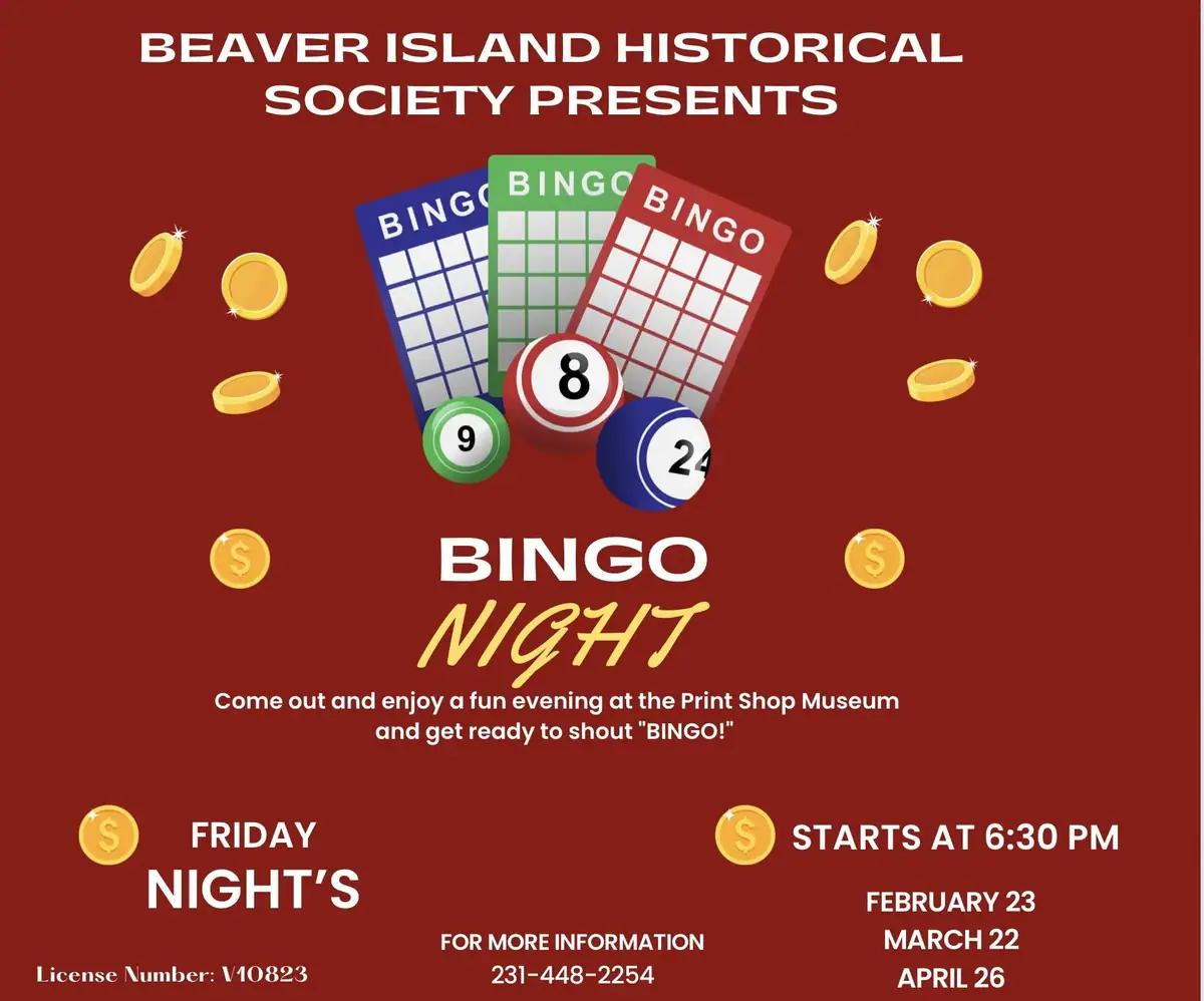 Illustrated bingo event poster with cards, numbered balls, coins, and large event lettering.