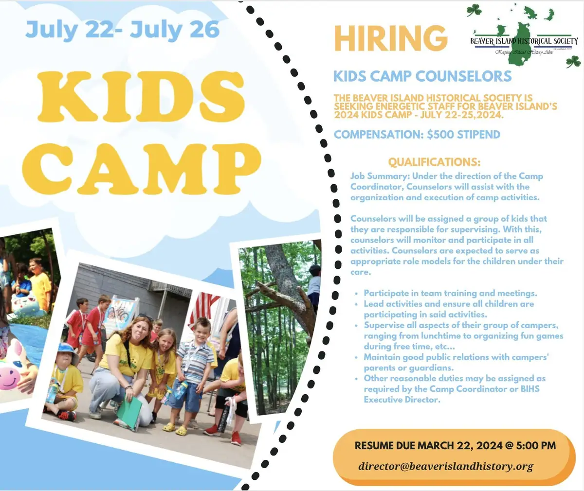 Recruitment flyer for children’s camp counselors, with photographs of children and large yellow “KIDS CAMP” lettering.