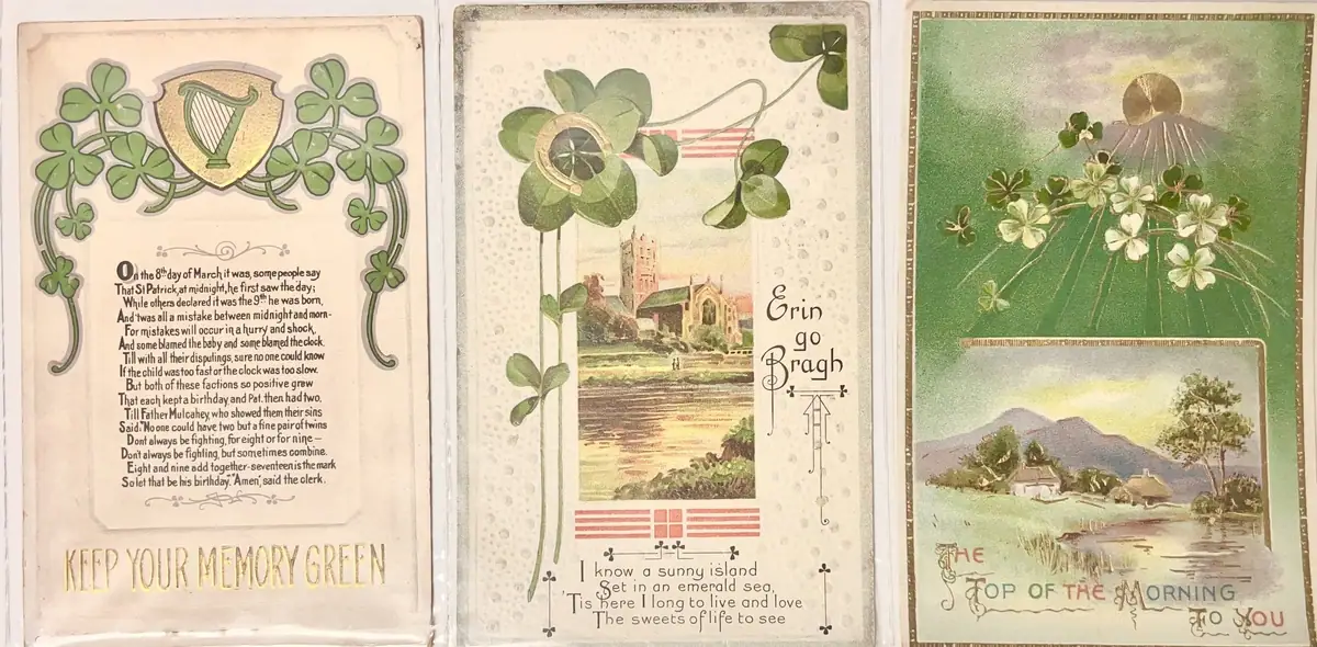 Three illustrated postcards display shamrocks, a harp, landscapes, and Irish-themed printed verses.