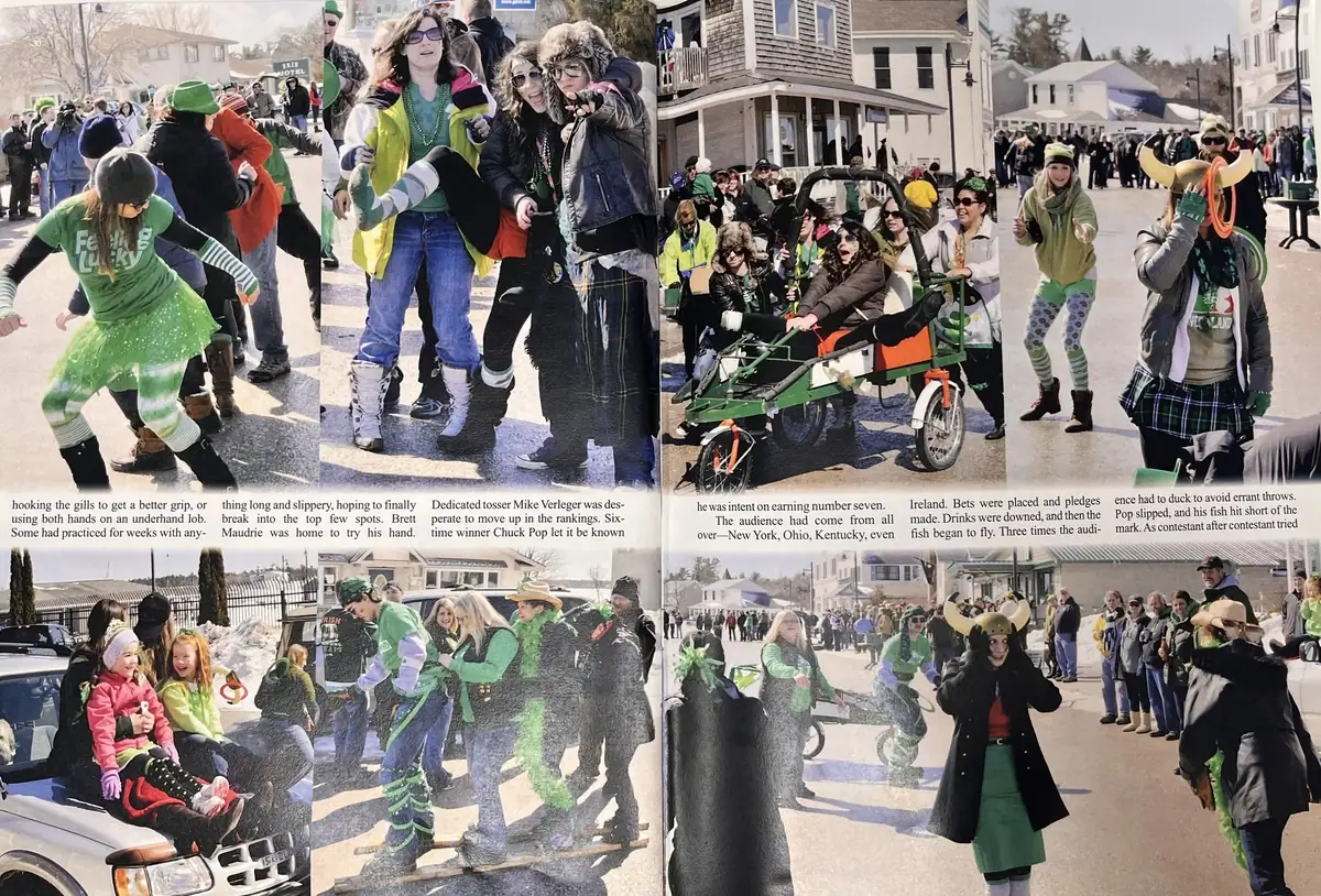 A printed page shows photographs of people in winter clothing participating in a festive street event.