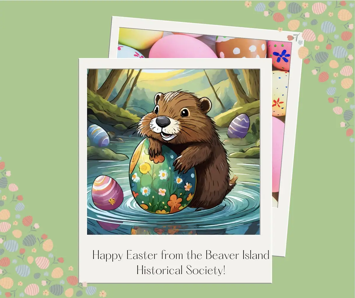 Illustrated Easter greeting card showing a beaver holding a flower-covered egg in a stream.