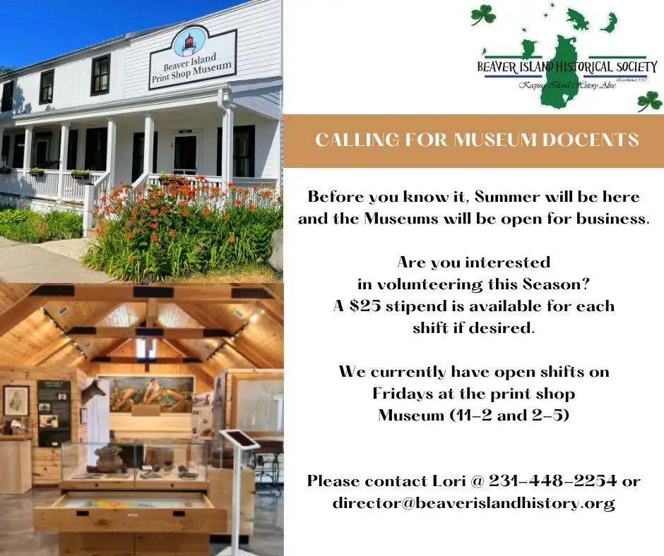 Promotional graphic showing a print shop museum exterior, exhibit interior, and a call for volunteer docents.