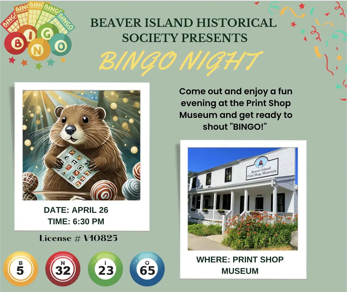 Colorful bingo night poster with an otter illustration, bingo balls, and a photograph of a museum building.