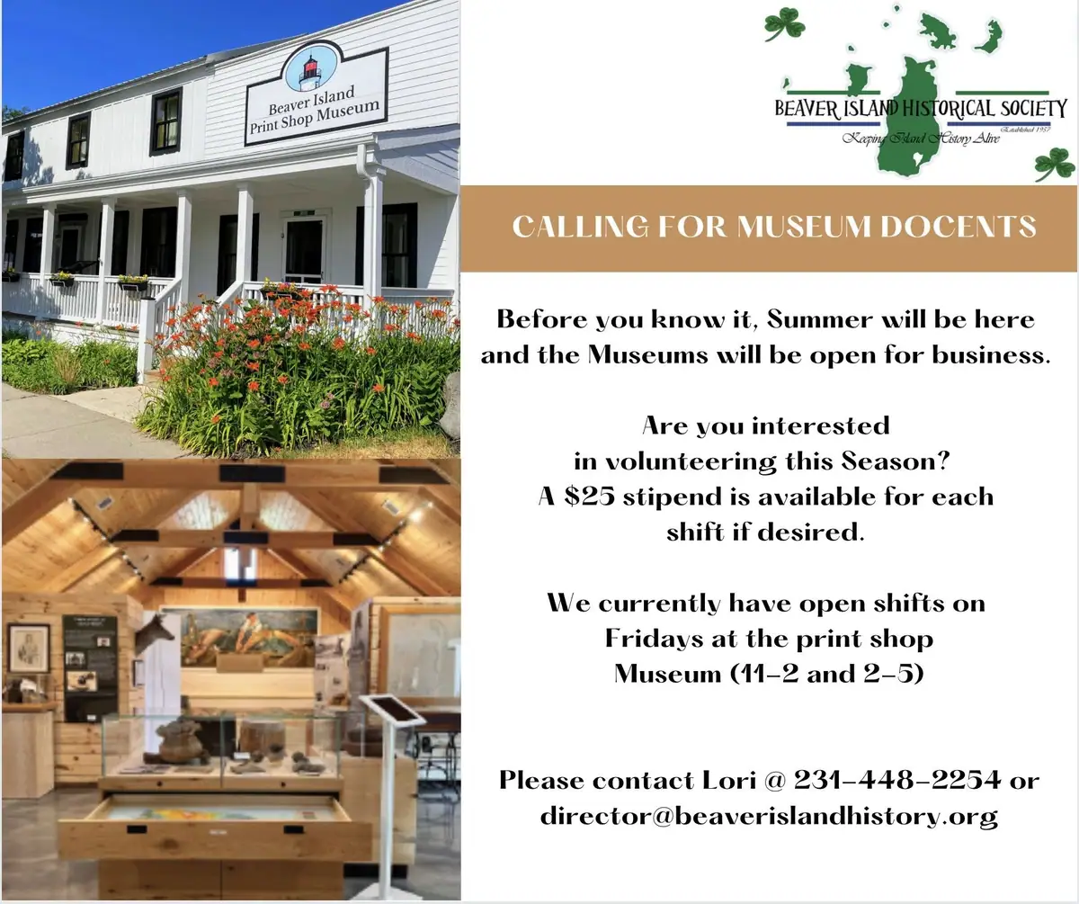 Collage showing a white museum building, an interior exhibit, and a recruitment notice for volunteer docents.