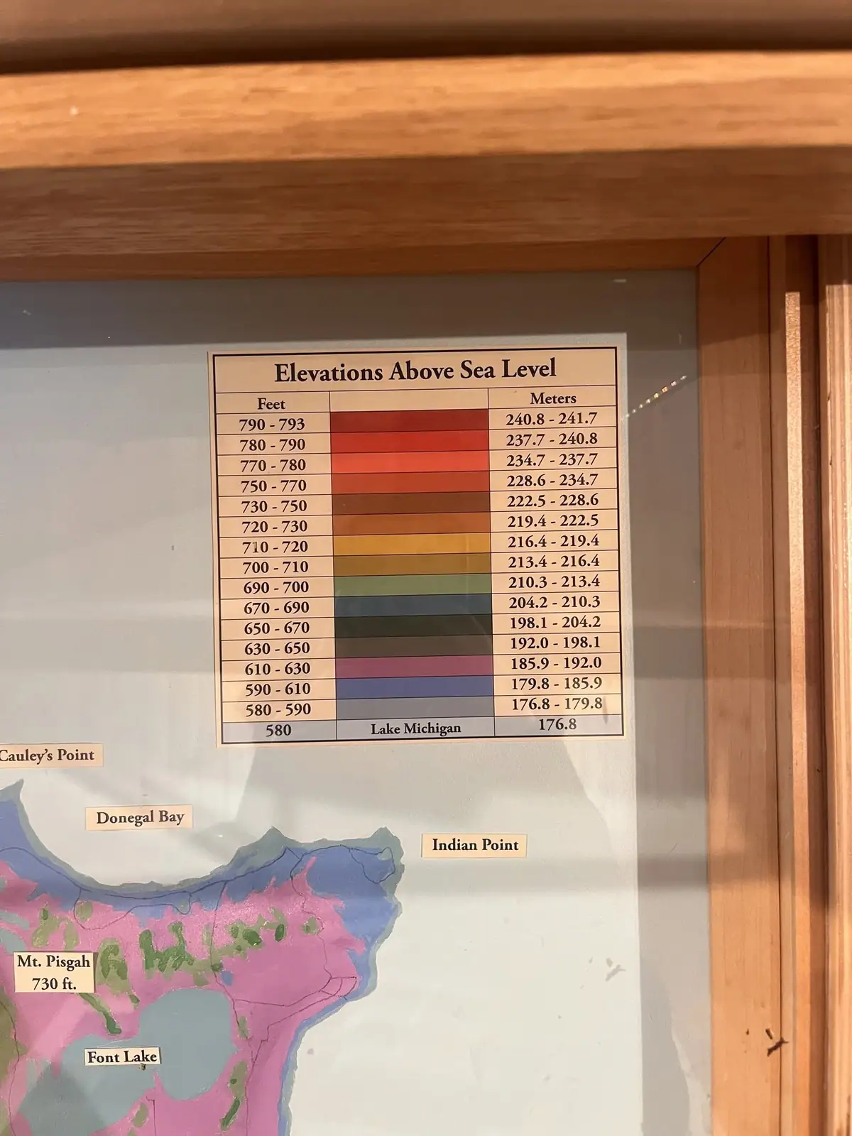 A framed, color-coded elevation map with a legend and labeled geographic features.
