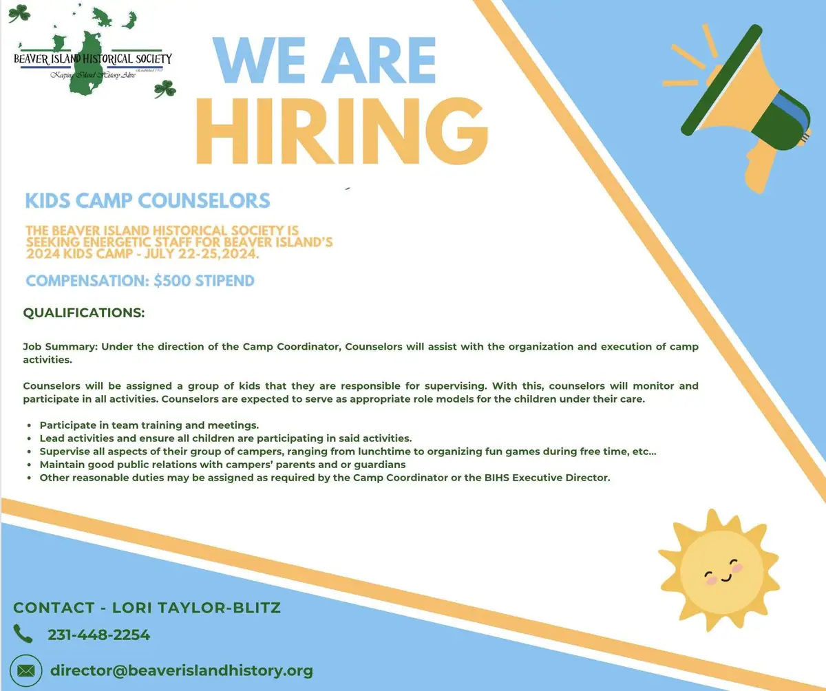 Colorful recruitment flyer seeking counselors for a children's camp, with qualifications and contact information.