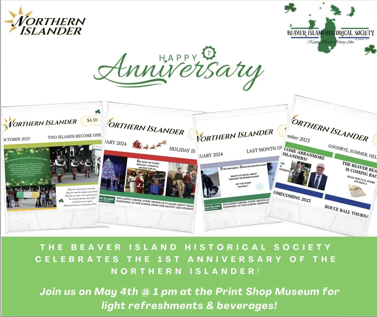 Promotional anniversary poster featuring newsletter covers, logos, and an invitation to a public celebration.
