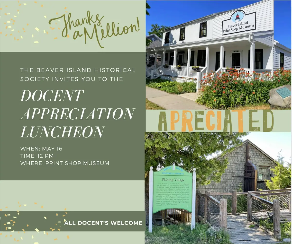 Promotional flyer with museum photographs, luncheon announcement, and images of historic buildings and gardens.