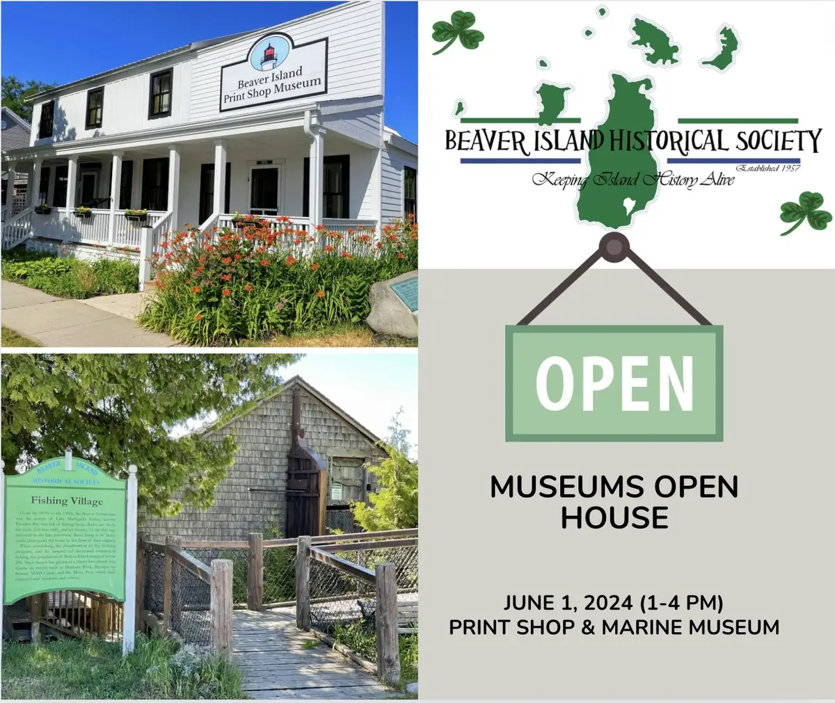 Promotional collage showing two museum buildings, a historical society logo, and an open-house announcement.