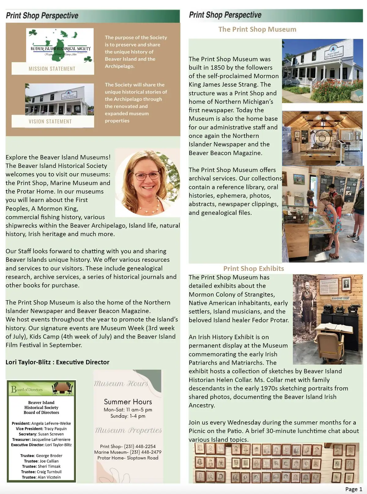 A two-column museum information brochure page with photographs, mission statements, exhibit descriptions, and contact information.