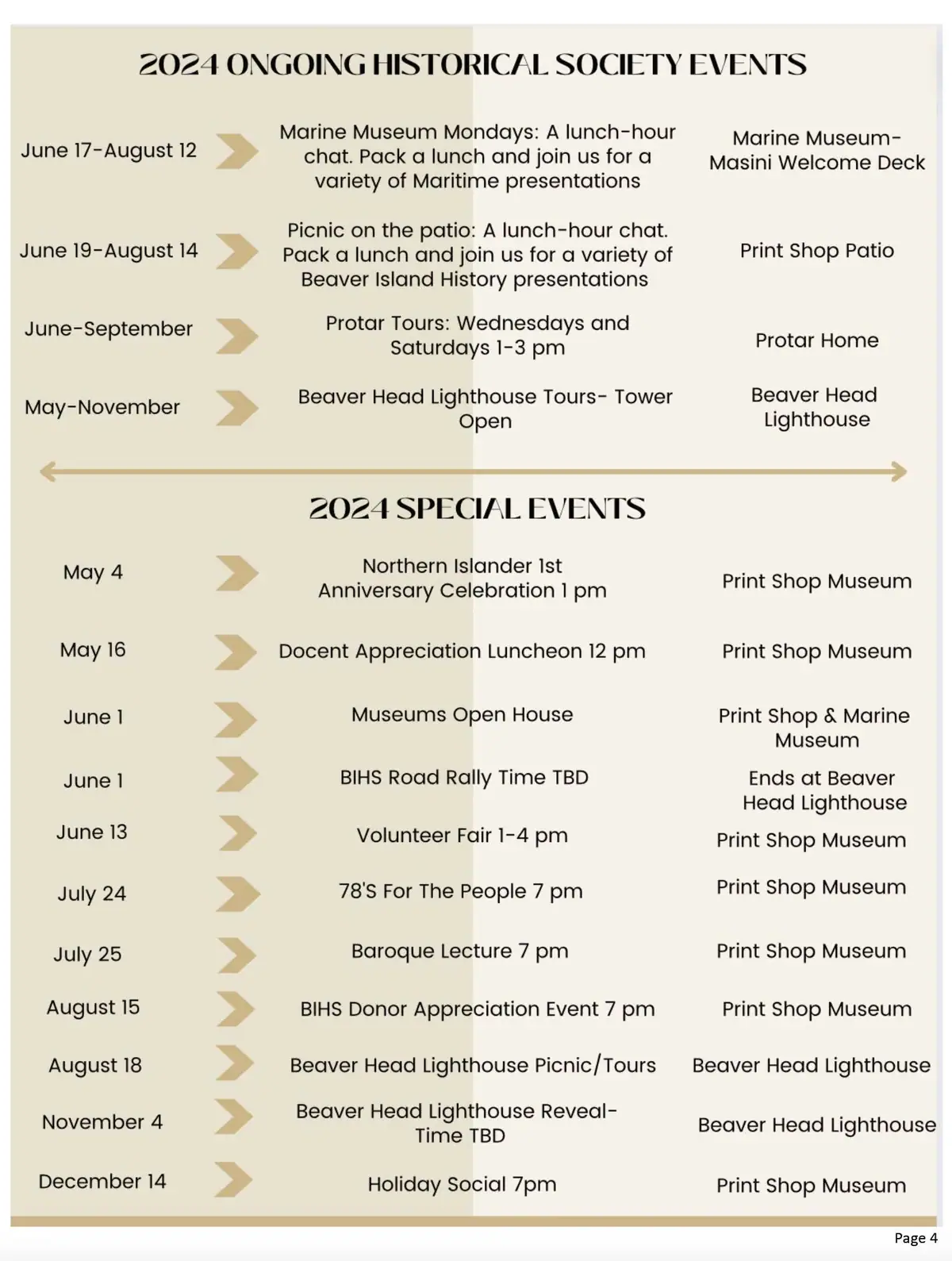 A printed schedule lists ongoing historical society programs and special events for 2024.