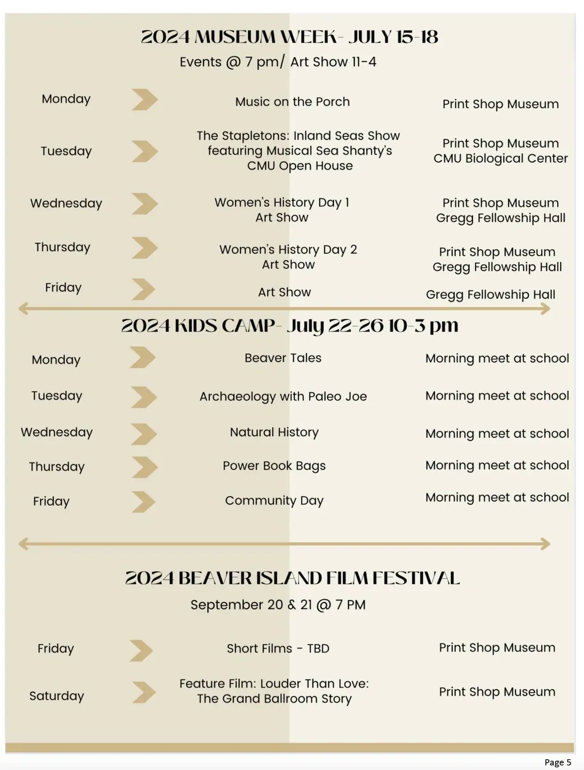 Printed event flyer listing museum week, children’s camp, and film festival programs.