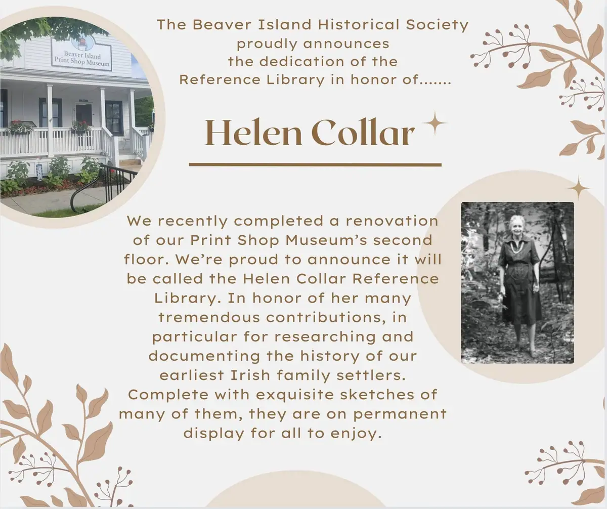Announcement graphic for a reference library dedication, with an exterior building photo and a black-and-white portrait.