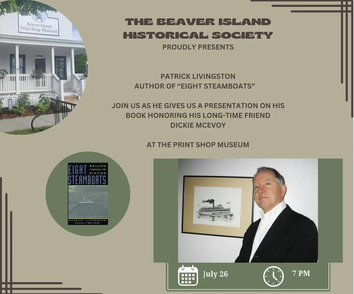 Event poster with a portrait, a steamboat book cover, and a photograph of a white wooden building.