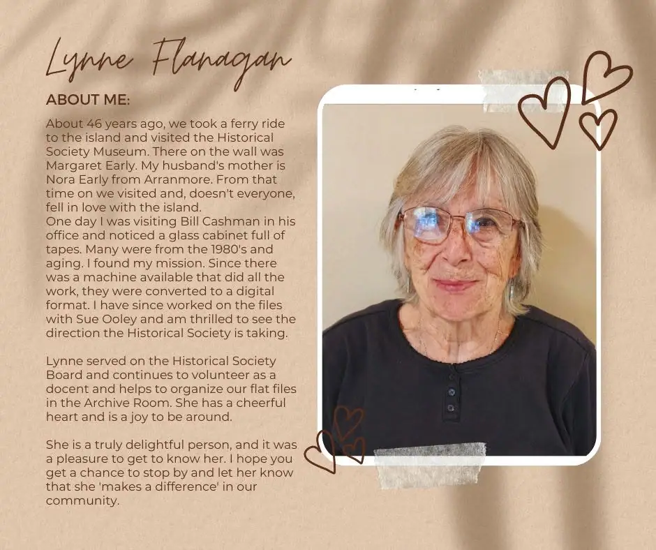 Designed poster with a portrait of an older woman beside biographical text and heart decorations.