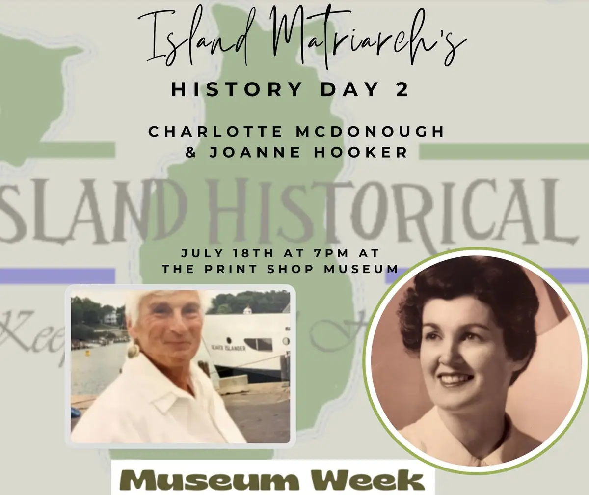 Promotional poster with two women’s portraits, event lettering, and a white vessel in one inset photograph.