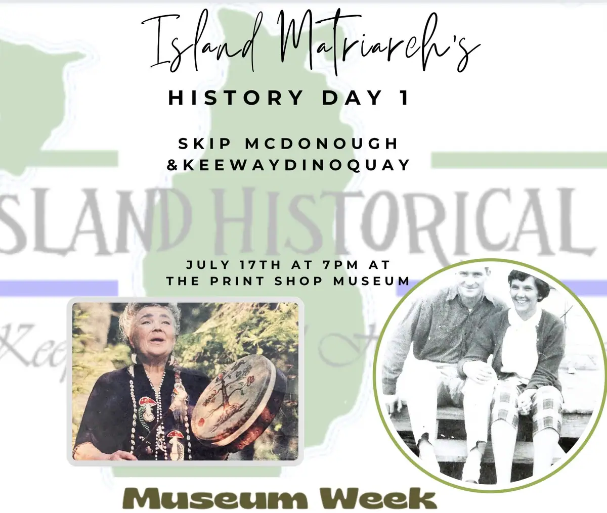 Promotional poster with a woman holding a decorated hand drum and a black-and-white photograph of two seated people.