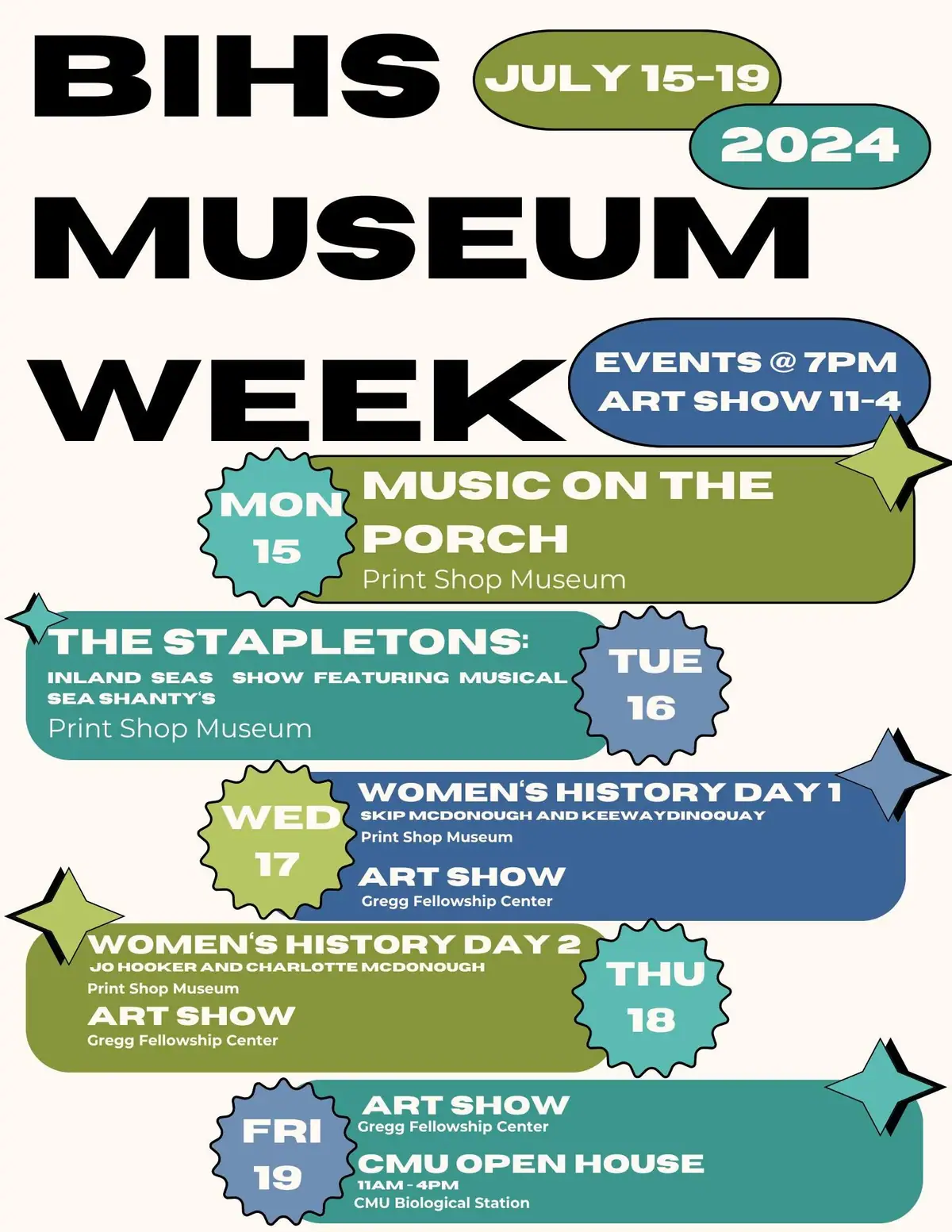 Colorful event flyer announcing a museum week schedule with music, art shows, talks, and an open house.